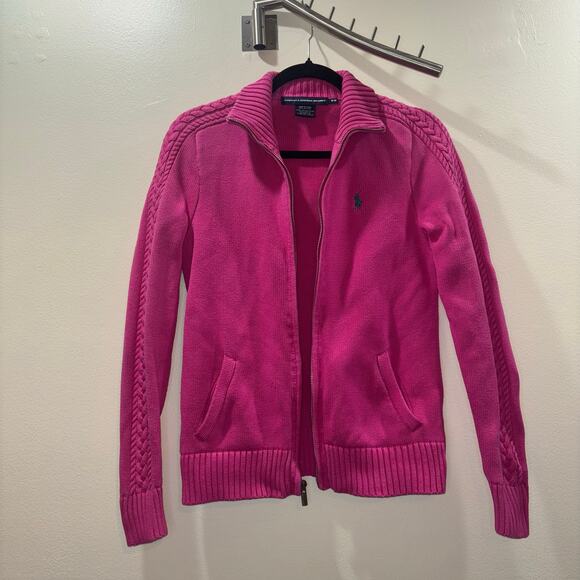 Vintage Ralph Lauren Sport Pink Zip-Up Cable Knit Jacket Size Medium - Picture 3 of 15